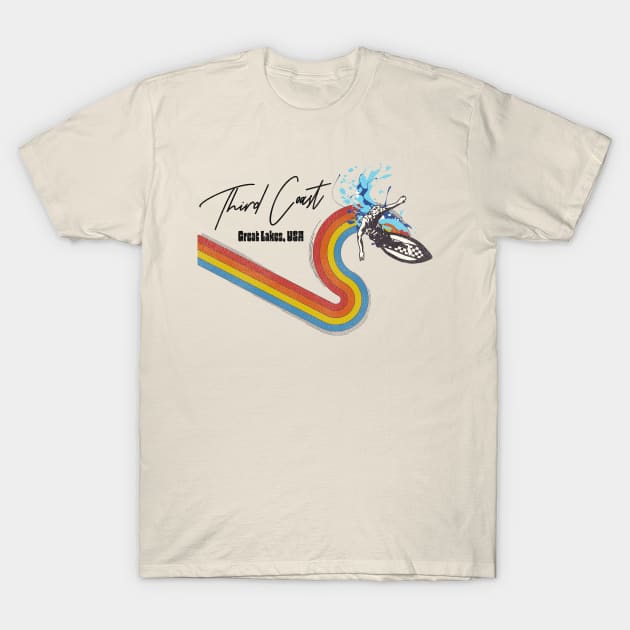 Retro 70s/80s Style Rainbow Surfing Wave Third Coast, USA T-Shirt by darklordpug